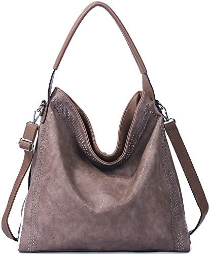 Handbags for women Hobo PU Leather Shoulder Satchel Bags Top-handle Large Capacity Purse Rivets Grey Brown