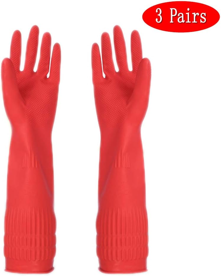 Long Rubber Gloves, Caliamary Home Rubber Cleaning Gloves, 3 Pairs Red Kitchen Dish Cleaning Gloves, Waterproof Reuseable (Medium)