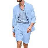 2 Piece Linen Men's Suits Casual Men Suit Summer Beach Wedding Dress Tux Prom Lightweight Blazer Jacket and Shorts Set