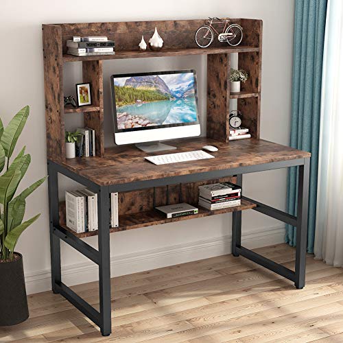 Tribesigns Computer Desk with Hutch, Modern Writing Desk with Storage Shelves, Office Desk Study Table Gaming Desk Workstation for Home Office, Light Brown + Black Legs