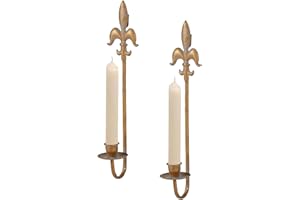 MOCOME Candle Sconces Wall Decor Set of 2, Fleur De Lis Wrought Iron Candle Holder Wall Decor, Rustic Wall Mounted Candle Holders Hanging for Living Room Farmhouse Fireplace Wedding （Antique Copper）