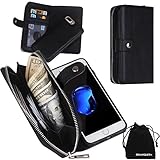 iPhone 8 Plus Case, iPhone 7 Plus Case, Zipper Wallet Type Flip Folio Premium Leather Credit Card Holder Case with Wrist Strap - Detachable Magnetic Back Cover for iPhone 7Plus / iPhone 8Plus