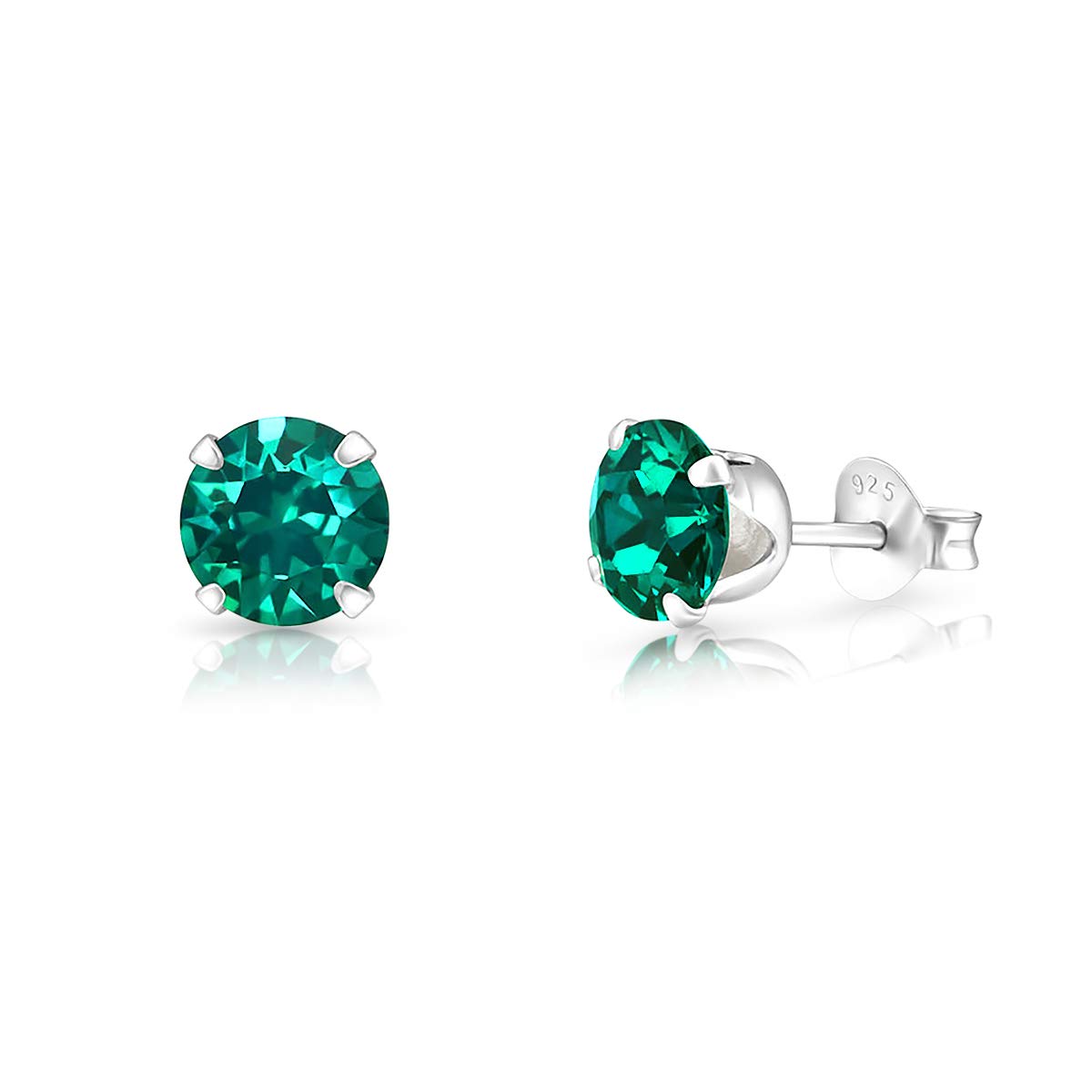 925 Sterling Silver Stud Earrings with Emerald Crystals 6 mm - Silver Round Studs for Women - Emerald Earrings — image 1