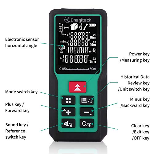 Laser Measure 50m/165ft, Enegitech Portable Handheld Digital Laser Measure Tool Rangefinder with Electronic Angle Sensor for Area, Volume, Pythagorean Measurement