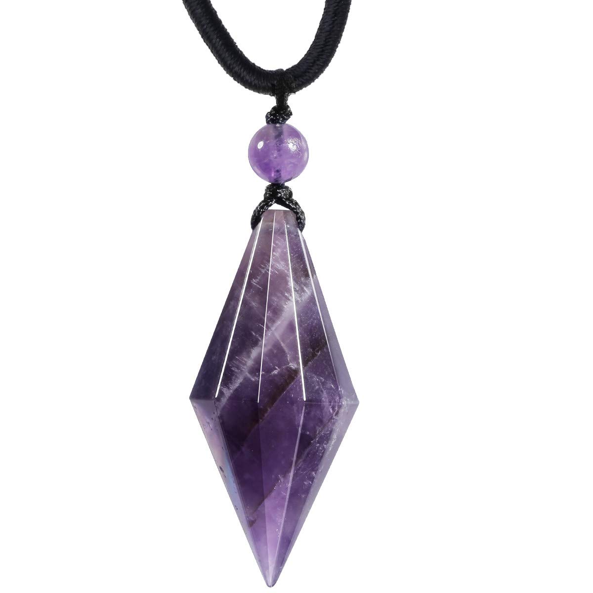 mookaitedecor Natural Purple Amethyst Crystal Point Pendant Necklace for Women Men, Chakra Reiki Healing Protection Crystal Necklace Pendulum Necklace Black Cord Semi Precious Stone Jewellery Gift