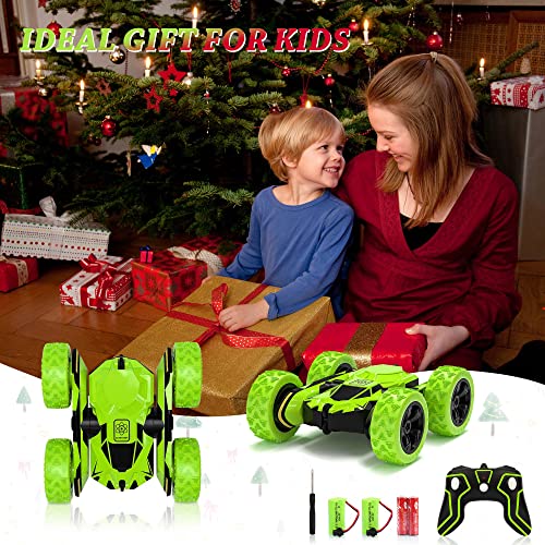Remote Control Car, AEROQUEST RC Cars Stunt Car Toy, 4WD 2.4Ghz Double Sided 360° Rotating RC Car with Headlights, Kids Xmas Gift Toy Cars for Boys/Girls Ages 6+ (Green)