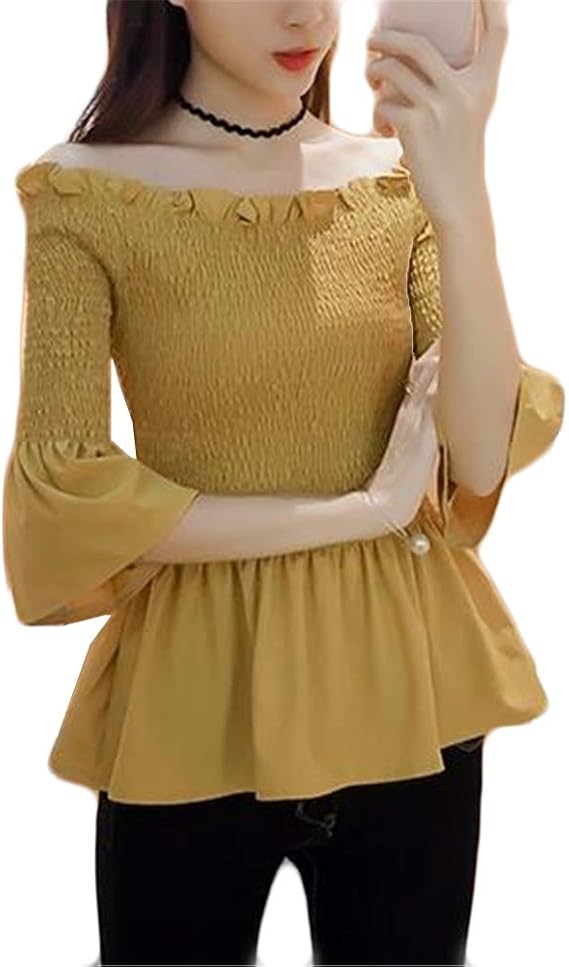 Amazon ジャンーウェ 肩出し ボートネックカットソー Tシャツ 五分袖 フレア袖 スリム 着やせ トップス 薄手 無地 インナー 春夏 セクシー おしゃれ Tシャツ カットソー 通販