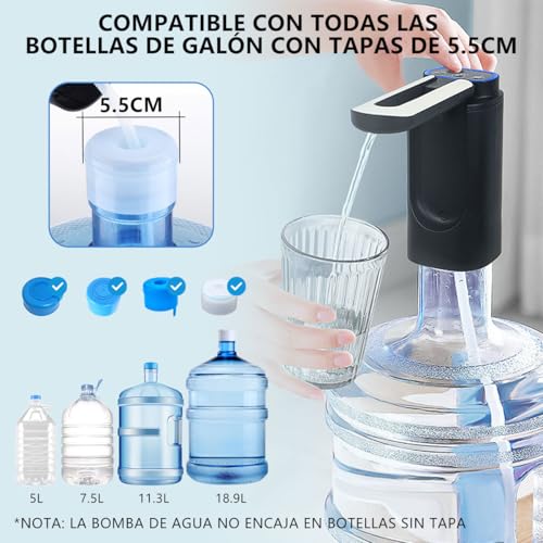 MXHIGO Dispensador de Agua Garrafón Plegable con 3 Modos y Luz LED, Bomba de Agua de Inalámbrica Recargable Portátil, Despachador de Agua Automático Rápido para Botellas de Galón de 4.5L a 20L