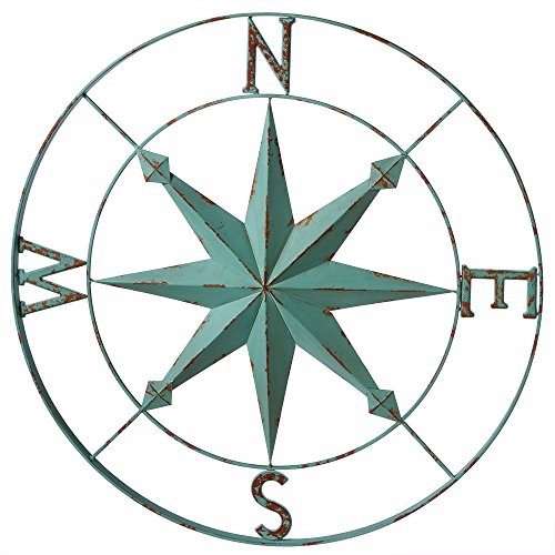 Nautical Aqua Blue Wall Rose Compass - 30-in