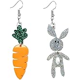 MALOYANVE Rabbit Carrot Earrings for Women Cute Cartoon Sparkly Acrylic Asymmetric Animal Easter Bunny Dangle Drop Earrings Holiday Easter Jewelry Gift Accessories