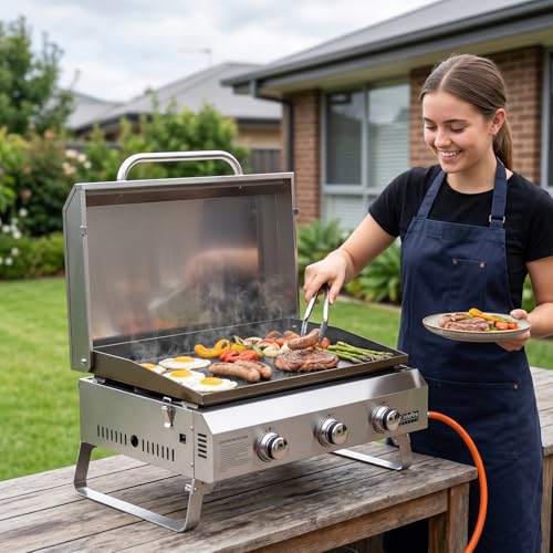 onlyfire Plancha à Gaz de Table en Inox, Barbecue Gaz avec Couvercle et 3 Brûleurs 7kW, Plancha 57x36cm avec Revêtement en Céramique Antiadhésif, Pieds Pliables pour Terrasse, Balcon et Camping