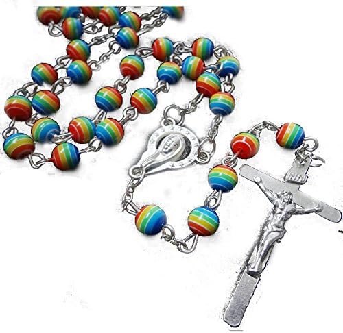 Rainbow 6mm Beads Rosary Catholic Antique Necklace Holy Soil Medal & Crucifix