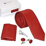 Bundle Monster Mens Skinny Tie Package, Slim Thin Necktie 4pc Set, for Men's Suit Accessories and Business Attire, Complete Set Kit for Weddings, Graduation, Father's Day and Holidays - Red