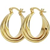 NewZenro Three Hoops Flat Stainless Steel 14K Yellow Gold Fashion Wide Chunky Hoop Earrings for Women Sensitive Ears Huggie Hoops Piercing Click Top Hypoallergenic Ear Jewerly Gifts for Birthday Bff
