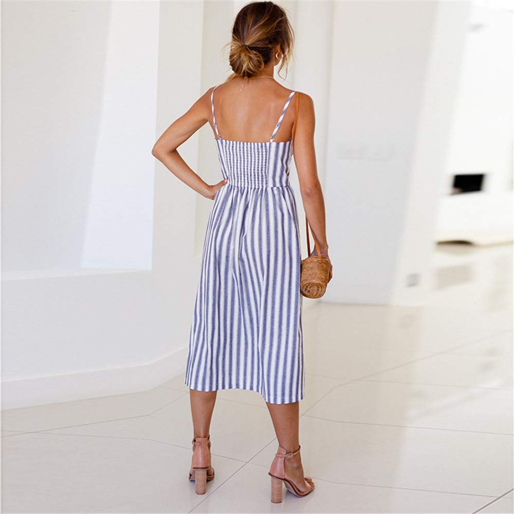 LitBud Womens Summer Dresses for Women Ladies Spaghetti Strap Casual Beach Party Button Down Vacation Midi Swing Dress with Pockets Blue Strips Size 4 6 S