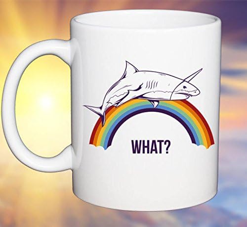 LIZNICE - Hilarious Coffee Mug What The Heck Is Going On Unicorned Shark over a Rainbow MUG 11oz