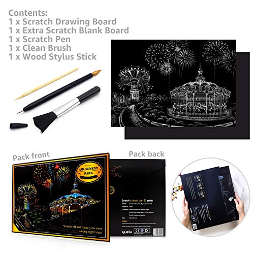 Ageqi Scratch Art Paper Rainbow Painting Sketch Pad for Adult and Kids, DIY Night View Scratchboard - 16'' x 11.2'' with 3 Tools (Amusement Park)