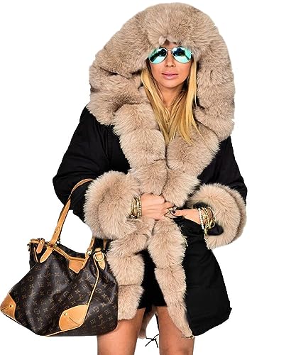 tiptupu Women's Faux Fur Lined Coat Hooded Warm Winter Outwear Thicken Jackets Parka Long Cardigan