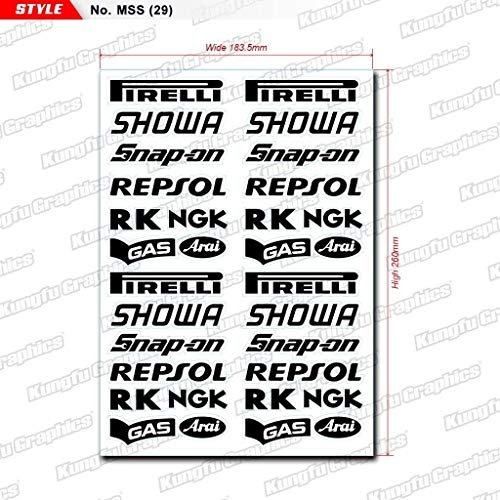 Kungfu Graphics Repsol Showa Micro Sponsor Logo Racing Sticker Sheet Universal (7.2x 10.2 inch), White Black