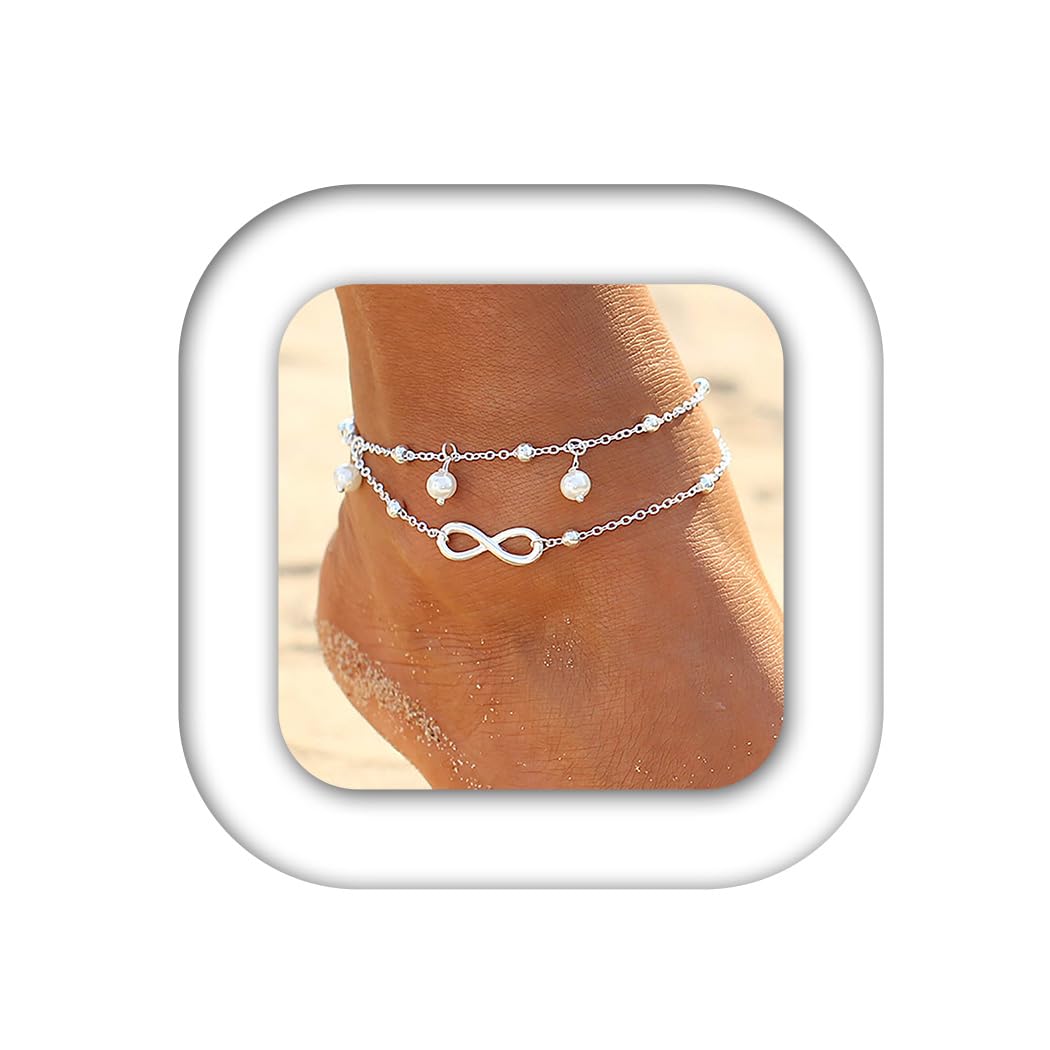 Zoestar Boho Double Anklet Silver Pearl Ankle Bracelet Forever Foot Chain for Women and Girls