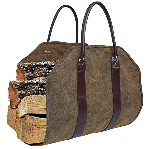 Nrpfell Outdoor Leather Tote Camping Carry Bag Canvas Firewood Carrier Log Storage Bag Package Handles Bag Firewood Bag Home Kitchen Supplies