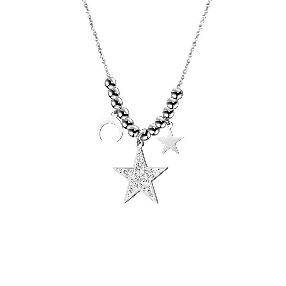 Anti-Allergic Stainless Steel Necklace for Women, Star Moon Pendant with Bright Crystal Trendy Jewelry Women Choker Clavicle Necklace Gift for Friends, Mother