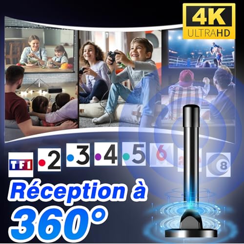 Antenne TV Intérieure TNT HD Amplificateur Signal Gain Élevé VHF/UHF Base Magnétique Réception 360° Compatible DVB-T2 Smart TV 4K Full HD 1080P Câble Coaxial 5m Anti-Interférences 4G/5G