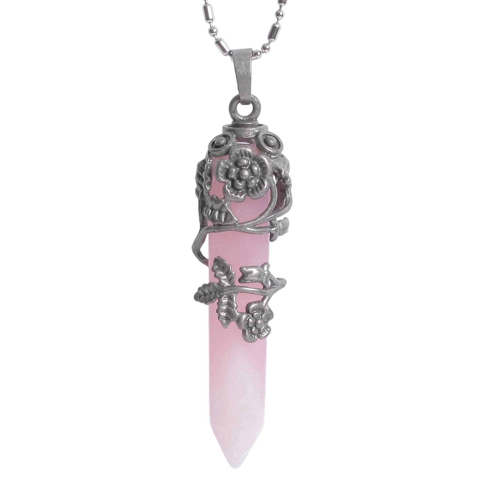 Nupuyai Vintage Flower Rose Quartz Crystal Point Pendant Necklace for Women, Hexagonal Pendulum Reiki Wrap Stone Pendant with Chain