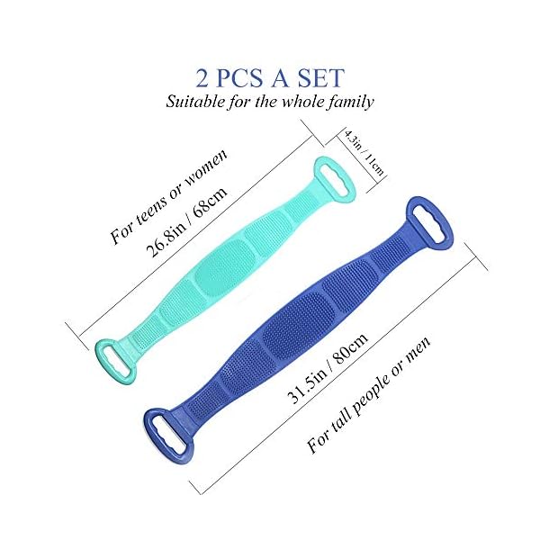 Silicone Back Scrubber for Shower (2 pcs, Blue and Green), Extended Dual Sided Bath Body Brush, 80 cm / 31.5 inches…
