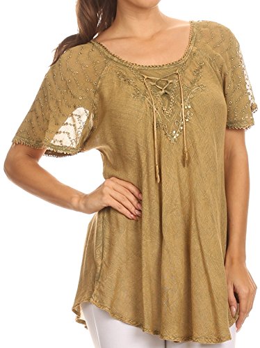 Sakkas 15783 - Ellie Sequin Embroidered Cap Sleeve Scoop Neck Relaxed Fit Blouse - Light Brown - OS