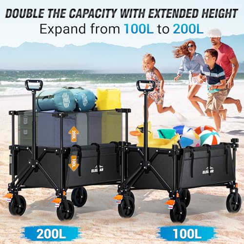 Elegear Beach Cart with Brakes 200L, Folding Garden Cart with Adjustable Handle and Cup Holder, Foldable Transport Cart for Camping Shopping Sports, Black