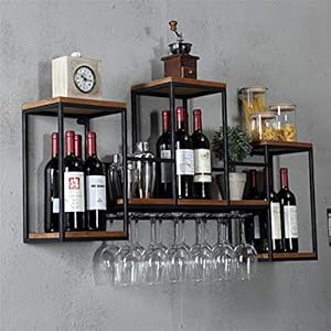 Soportes para copas Estantes industriales de pared para vino con soporte para vidrio de 6 tallos, estante para vino colgante de hierro, estante de pino de 3 niveles, estantes flotantes, estante de e