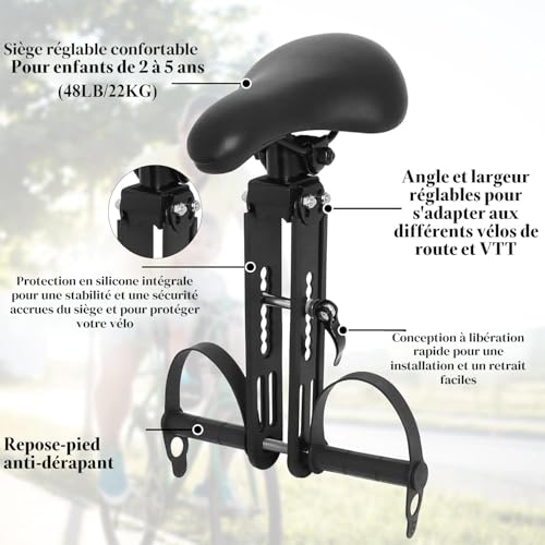 Siege Velo Enfant Avant, Selle de Vélo pour Enfants avec Guidon et Pédalier, Siège de Vélo pour Enfant Compatible avec Les VTT Adulte, Porte Enfant Vélo Amovible Portable pour Enfant de 2 à 5 Ans
