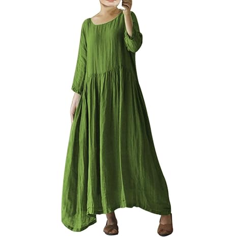 Kingko ® Damen Kaftan Tunika Kimono Kleid Leinenkleid Damen Lang Tunika Kleid Vintage Baggy Party Kleider Maxikleid Strandkle