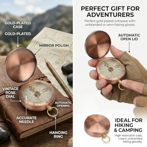 Brújula de Reloj de Bolsillo Vintage Portátil, Cubierta Abatible de Cobre de Metal Retro para Acampar, Caminar, Navegar, Niños, Clásico, Preciso, Impermeable, Al Aire Libre, Automovilismo, Mochilero,