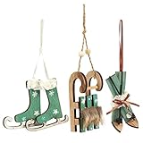 3-Pack of Christmas Tree Decorations – Wooden Hanging Xmas Ornaments, Decorative Festive Embellishments in 3 Winter Holiday Designs, Skis, Ice Skates, Sled (Green)
