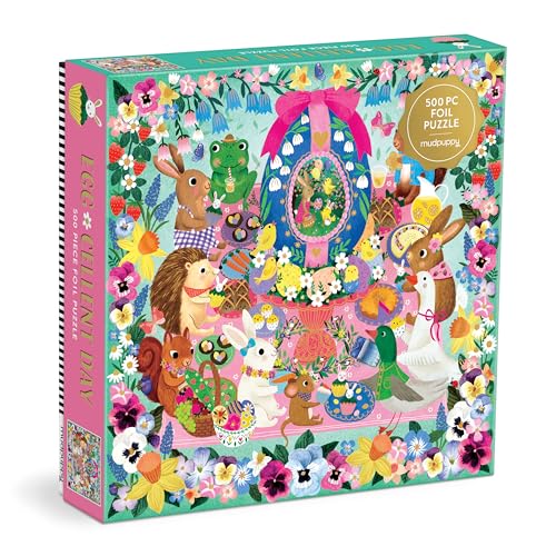 Mudpuppy Egg-Cellent Day – 500 Piece Family Foil Jigsaw Puzzle with Colorful and Fun Illustrations of Adorable Animals During Easter for Children Ages 8 and Up
