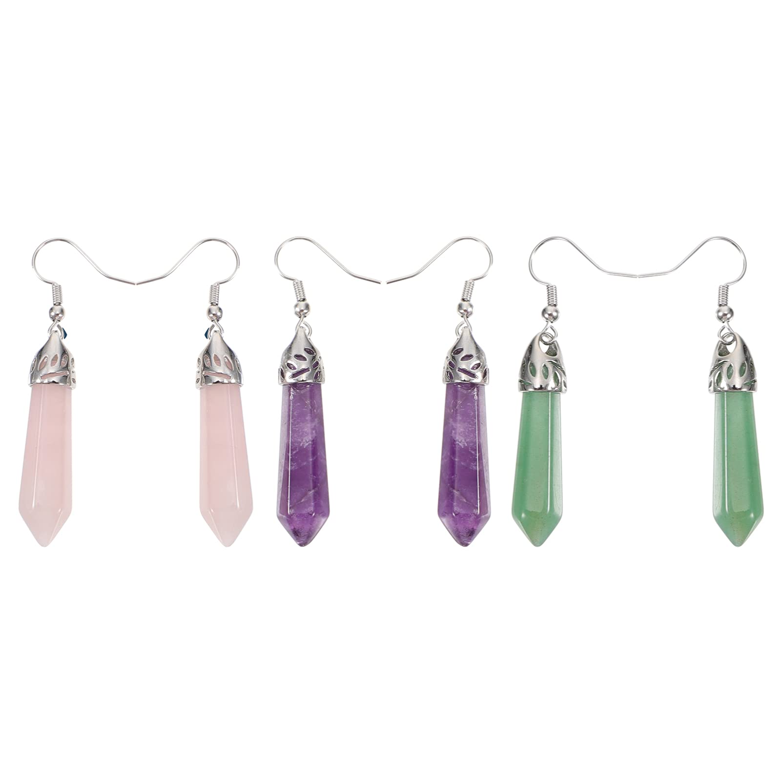 Holibanna 3 Pairs Quartz Stone Dangle Earring Real Natural Healing Point Crystal Chakra Gemstone Drop Earring Fashion Jewelry Hoop Earrings for Women Girls Party Pink Purple Green