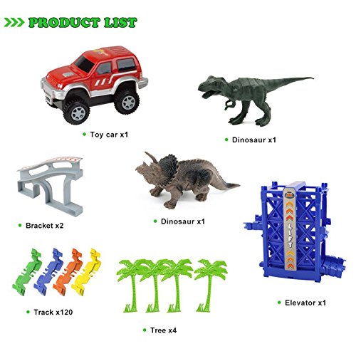 Belive Race Track Creat A Dinosaur World Race Car Falls Off Lift 120 Pieces Flexible Track With 4 Trees , 2 Dinosaur Toys