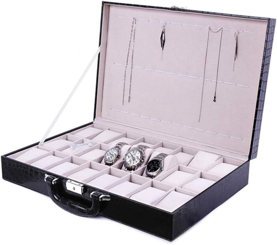 Heqianqian Watch Box 24 Slots Wooden Watch Storage Box Display Suitcase Pu Leather Suitable For Man And Woman Watch Organizer Collection (Color : Black, Size : 43x29x8.5cm)