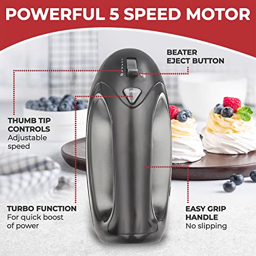 Mueller Electric Hand Mixer, 5 Speed 250W Turbo with SnapOn Storage