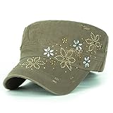 ililily Crystal Gemstone Stud Flower Vintage Cotton Military Army Hat Cadet Cap , Olive Drab