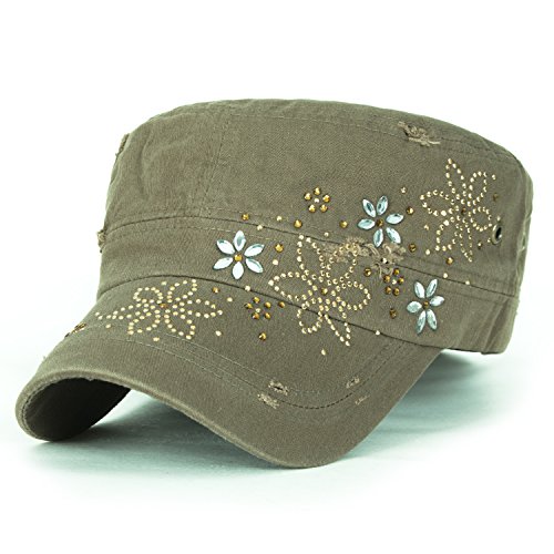 ililily Crystal Gemstone Stud Flower Vintage Cotton Military Army Hat Cadet Cap, Olive Drab