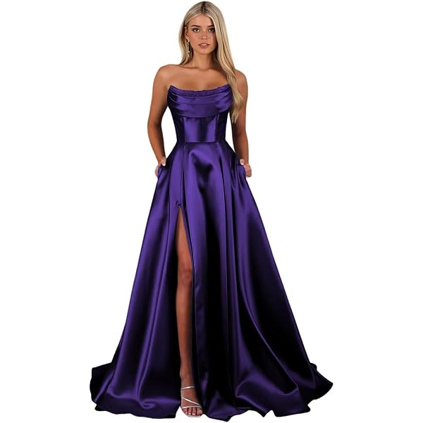Amazon.com: VeraQueen Women's Show-Shouldered Satin Prom Dress Long A-Line  Skirt Pocket Formal Evening Dress Black : Clothing, Shoes & Jewelry