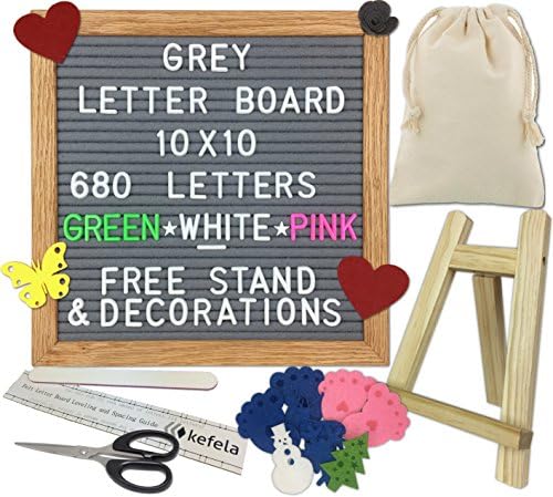 Grey Felt Letter Board 10x10 - Stand, Decorations, Bag, Scissors, File, Guide - Vintage Oak Frame &amp; 680 Changeable Green White Pink Letters - For Announcements, Gift, Photo Prop, Quotes, Toy, etc.