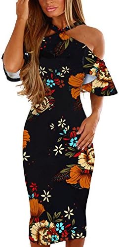 Yusealia Women's Floral Print Sling Cross Off Shoulder Midi Cocktail Dress