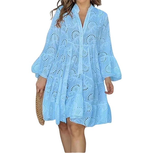 Women Flare Long Sleeve Hollow Out Loose Casual Mini Dresses Vintage Embroidery Dress Blue S at Amazon Women's Clothing store Women Flare Long Sleeve Hollow Out Loose Casual Mini Dresses Vintage Embroidery Dress Blue S at Amazon Women's Clothing store