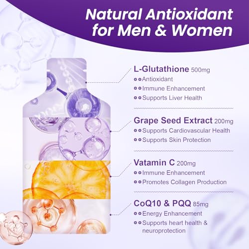 MEGNETA Liposomal Glutathione Supplement – 500mg Glutathione with PQQ, CoQ10 & Vitamin C – High Absorption Antioxidant for Immune & Energy Support – Grape Flavor, 30 Pouch