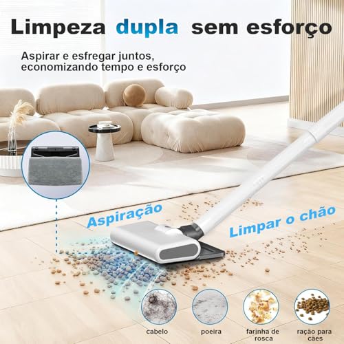Aspirador de Pó Vertical Sem Fio, 100W, Branco e Cinza, 40000 RPM, LED, 50min Autonomia, 10000Pa Sucção, 3 Velocidades, 0.75L