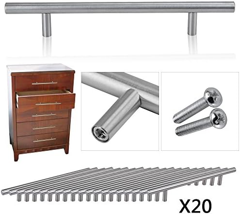 OGORI 20 x Brushed Stainless Steel T Bar Handles Kitchen Cup Board Cabinet Door Knob (128 hole centres / 200mm long)